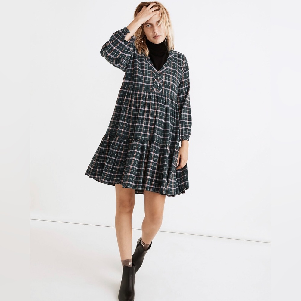 Madewell Green Plaid Flannel Long Sleeve Tiered Ruffle Colette Mini Size 10